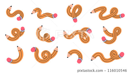 Twisted pencils. Curved funny pencils, intertwined yellow simple pencil, cute school supplies flat vector illustration set. Funky twisted pencils 116010546