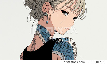 Young woman with snake tattoo on her back 116010713