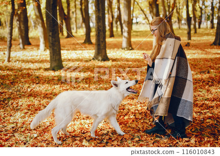 Beautiful girls in a park. Cute ladies in a stylish clothes. Girl with cute dog Beautiful girls in a park. Cute ladies in a stylish clothes. Girl with cute dog 116010843