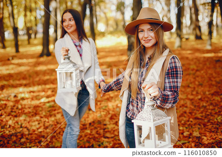 Beautiful girls in a park. Cute ladies in a stylish clothes 116010850