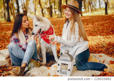 Beautiful girls in a park. Cute ladies in a stylish clothes. Friends with cute dog Beautiful girls in a park. Cute ladies in a stylish clothes. Friends with cute dog 116010862