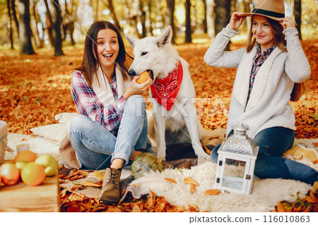 Beautiful girls in a park. Cute ladies in a stylish clothes. Friends with cute dog Beautiful girls in a park. Cute ladies in a stylish clothes. Friends with cute dog 116010863