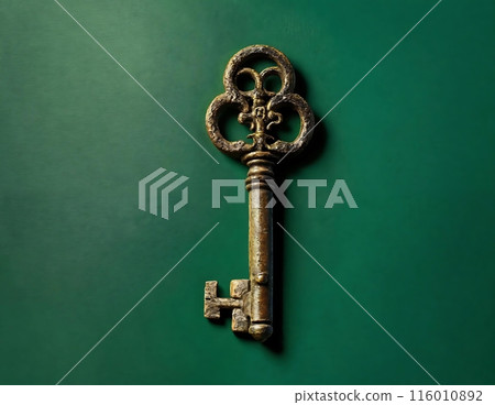 Old gold-colored door key lies on a green background. The key shows signs of wear and tear.	 116010892