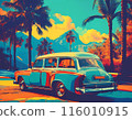 Classic station wagon is parked under palm trees in a tropical paradise. The car is painted in bright colors, and the scene unfolds against the backdrop of lush mountains. Pop art illustration.	 116010915