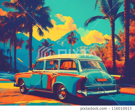 Classic station wagon is parked under palm trees in a tropical paradise. The car is painted in bright colors, and the scene unfolds against the backdrop of lush mountains. Pop art illustration. Classic station wagon is parked under palm trees in a tropical paradise. The car is painted in bright colors, and the scene unfolds against the backdrop of lush mountains. Pop art illustration. 116010915