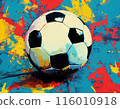 Digital painting of a soccer ball, rendered in a painterly style. The ball is the central focus of the artwork and is surrounded by abstract splashes of red, yellow, and blue paint.	 116010918