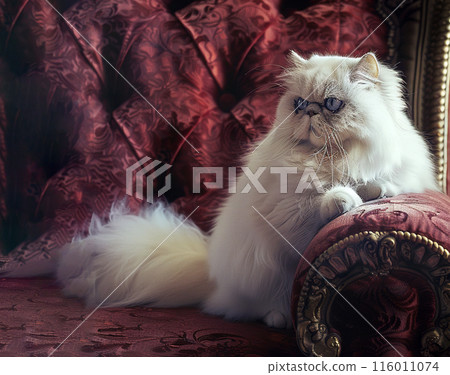 Fluffy white persian cat with bright blue eyes sits regally on a plush armchair. Pet. Animals. 116011074
