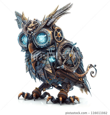 An owl-shaped robot with intricate mechanical gears and glowing eyes on white background. Birds. Wildlife Animals. World of the future. 116011082