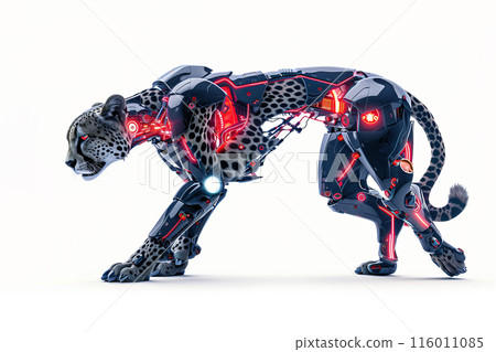 A sleek, robotic cheetah stalks forward, glowing with red neon accents on white background. Wildlife Animals. World of the future. 116011085