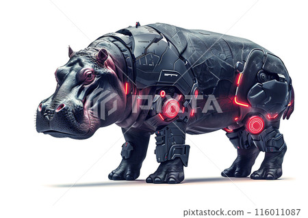 High-resolution, futuristic rendering of an armored hippopotamus with robotic enhancements and glowing red accents, showcasing advanced technology and strength. Wildlife Animals. 116011087