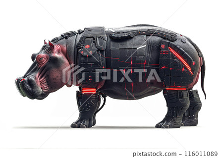 High-resolution, futuristic rendering of an armored hippopotamus with robotic enhancements and glowing red accents, showcasing advanced technology and strength. Wildlife Animals. 116011089