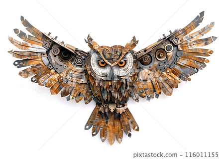An owl sculpture made from recycled scrap metal head made of gears, iron, metal, nuts, and bolts. isolated on white background. Unique, intricate design perfect for art lovers and collectors. Bird. 116011155