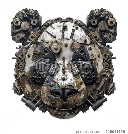 Steampunk panda head sculpture made from scrap metal, iron, and bolts. Unique, intricate design perfect for art lovers and collectors. Wildlife Animals 116011156