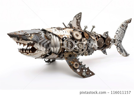 A shark sculpture made from recycled scrap metal head made of gears, iron, metal, nuts, and bolts. isolated on white background. Unique, intricate design perfect for art lovers and collectors. Fish. 116011157