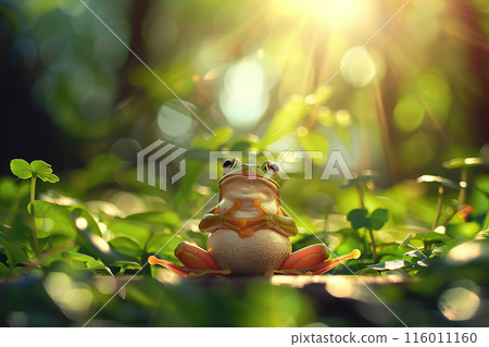 Calm frog sitting and meditating in the forest. Monkey doing yoga. Amphibian. Animals. 116011160