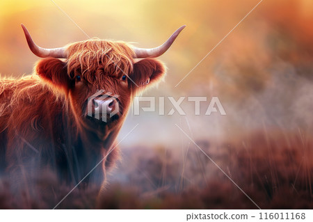 A majestic highland cow with long, curved horns stares intently from a misty field. Wildlife Animals 116011168