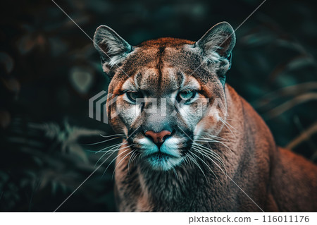 A puma emerges from the shadows, its piercing eyes locked on its prey. Wildlife Animals 116011176