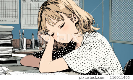 A young woman studying for exams or working overtime: falling asleep 116011405