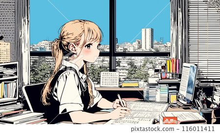 A young woman studying for exams or working overtime A young woman studying for exams or working overtime 116011411