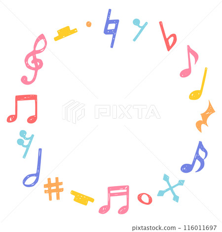 手寫音符符號、音符、休止符和變化符號的圓形框架 116011697