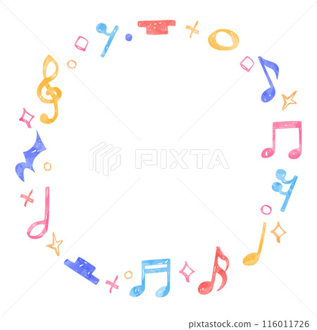 Circular frame of handwritten musical symbols, notes and rests, watercolor color 116011726