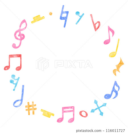 Hand-drawn circular frame of musical notes, notes, rests, accidentals, watercolor colors 116011727