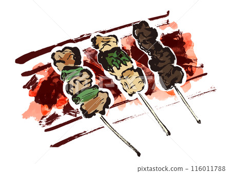 A handwritten Japanese-style brush-written illustration of three skewers of yakitori grilled over charcoal 116011788
