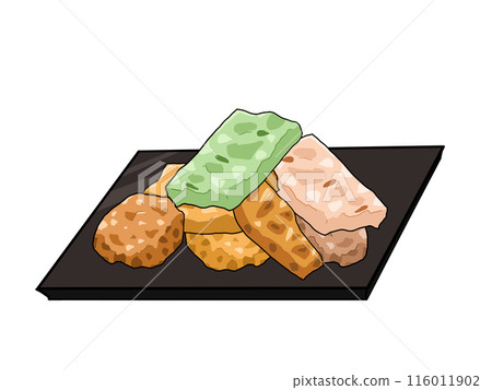Illustration of rice crackers served on a plate 116011902