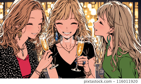 Girls' Night Out: A group of like-minded female friends get together, drink, eat delicious food, and talk about work and love. Girls' Night Out: A group of like-minded female friends get together, drink, eat delicious food, and talk about work and love. 116011920