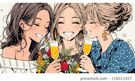 女孩之夜:志同道合的女性朋友聚會,一起喝酒,吃美味的食物,談論工作和浪漫。 女孩之夜:志同道合的女性朋友聚會,一起喝酒,吃美味的食物,談論工作和浪漫。 116011927