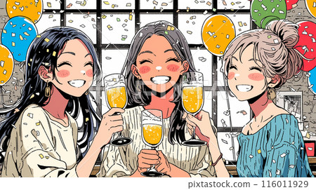 女孩之夜：志同道合的女性朋友聚會，一起喝酒，吃美味的食物，談論工作和浪漫。 116011929