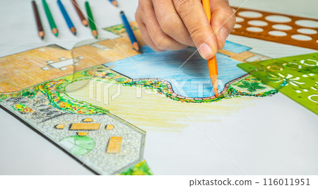 Landscape architect student learning garden plan design by hand drawing. Landscape architect student learning garden plan design by hand drawing. 116011951