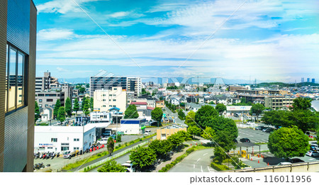 A residential area overlooked from a hill in Fuchu, Tokyo 116011956
