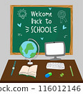 Illustration of classroom supplies on a desk with a "Welcome Back to School" chalkboard in the background. 116012146