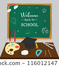 Illustration of classroom supplies on a desk with a "Welcome Back to School" chalkboard in the background. 116012147