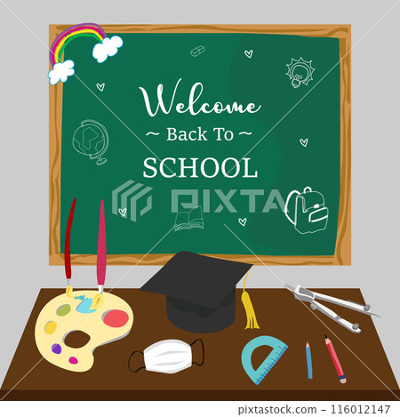 Illustration of classroom supplies on a desk with a "Welcome Back to School" chalkboard in the background. Illustration of classroom supplies on a desk with a "Welcome Back to School" chalkboard in the background. 116012147