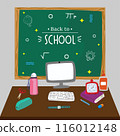 Illustration of classroom supplies on a desk with a "Welcome Back to School" chalkboard in the background. 116012148