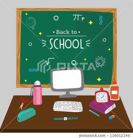 Illustration of classroom supplies on a desk with a "Welcome Back to School" chalkboard in the background. Illustration of classroom supplies on a desk with a "Welcome Back to School" chalkboard in the background. 116012148