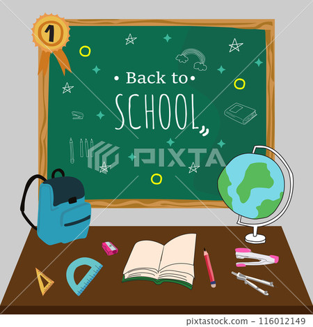 Illustration of classroom supplies on a desk with a "Welcome Back to School" chalkboard in the background. Illustration of classroom supplies on a desk with a "Welcome Back to School" chalkboard in the background. 116012149