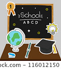 Illustration of classroom supplies on a desk with a "Welcome Back to School" chalkboard in the background. 116012150