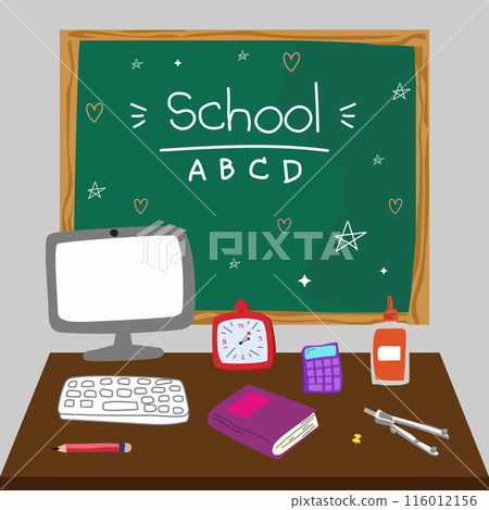 Illustration of classroom supplies on a desk with a "Welcome Back to School" chalkboard in the background. Illustration of classroom supplies on a desk with a "Welcome Back to School" chalkboard in the background. 116012156