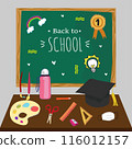 Illustration of classroom supplies on a desk with a "Welcome Back to School" chalkboard in the background. 116012157