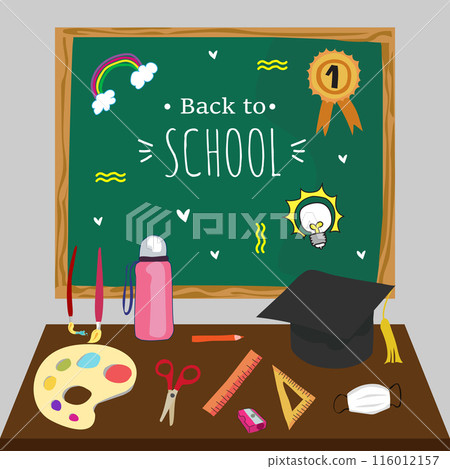 Illustration of classroom supplies on a desk with a "Welcome Back to School" chalkboard in the background. Illustration of classroom supplies on a desk with a "Welcome Back to School" chalkboard in the background. 116012157
