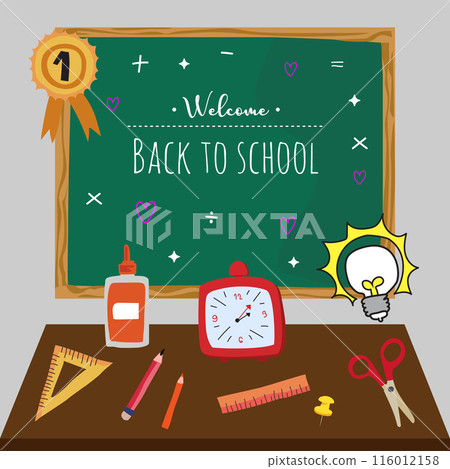 Illustration of classroom supplies on a desk with a "Welcome Back to School" chalkboard in the background. Illustration of classroom supplies on a desk with a "Welcome Back to School" chalkboard in the background. 116012158