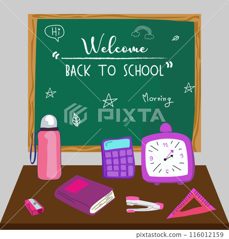 Illustration of classroom supplies on a desk with a "Welcome Back to School" chalkboard in the background. Illustration of classroom supplies on a desk with a "Welcome Back to School" chalkboard in the background. 116012159