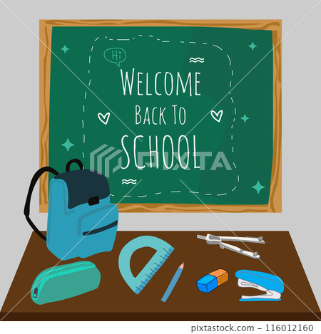 Illustration of classroom supplies on a desk with a "Welcome Back to School" chalkboard in the background. Illustration of classroom supplies on a desk with a "Welcome Back to School" chalkboard in the background. 116012160