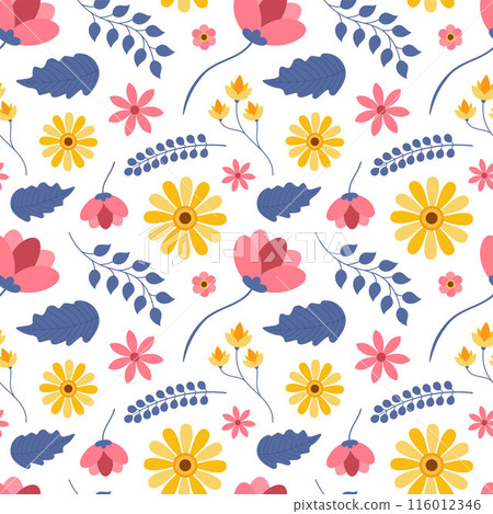 Floral Seamless Pattern Design Illustration with Blooming Branches and Leaf Flower in Hand-Drawn Cartoon Style Template Floral Seamless Pattern Design Illustration with Blooming Branches and Leaf Flower in Hand-Drawn Cartoon Style Template 116012346