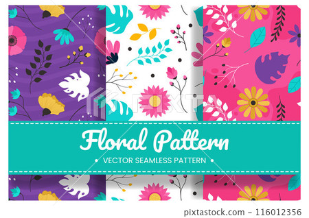Floral Seamless Pattern Design Illustration with Blooming Branches and Leaf Flower in Hand-Drawn Cartoon Style Template Floral Seamless Pattern Design Illustration with Blooming Branches and Leaf Flower in Hand-Drawn Cartoon Style Template 116012356