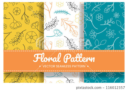 Floral Seamless Pattern Design Illustration with Blooming Branches and Leaf Flower in Hand-Drawn Cartoon Style Template Floral Seamless Pattern Design Illustration with Blooming Branches and Leaf Flower in Hand-Drawn Cartoon Style Template 116012357