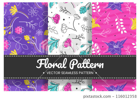 Floral Seamless Pattern Design Illustration with Blooming Branches and Leaf Flower in Hand-Drawn Cartoon Style Template Floral Seamless Pattern Design Illustration with Blooming Branches and Leaf Flower in Hand-Drawn Cartoon Style Template 116012358